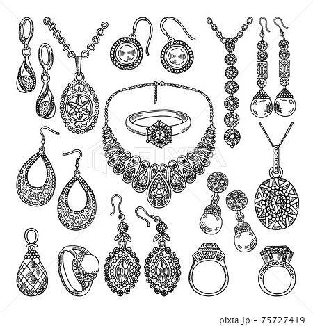 Golden and silver jewelry. Different diamonds and crystals. Hand drawing illustrations 75727419