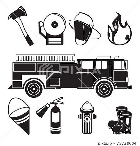 Monochrome illustrations of fireman tools in fire station department 75728004