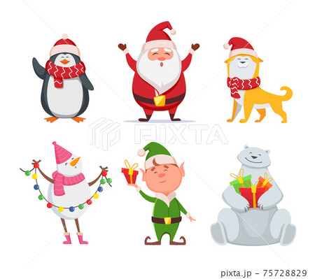 Christmas characters in cartoon style. Santa, yellow dog, elf. Penguin and snowman Christmas characters in cartoon style. Santa, yellow dog, elf. Penguin and snowman 75728829