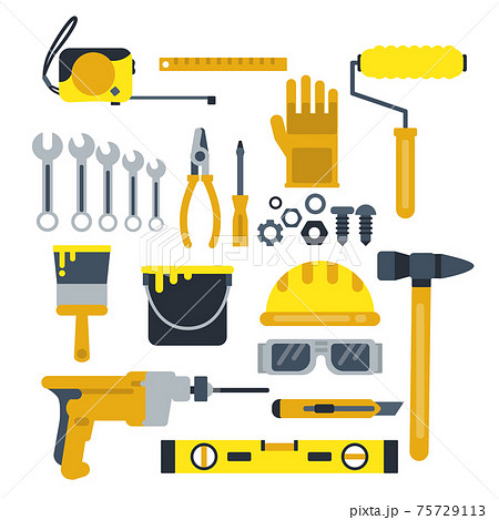 Building or repair tools, work helmet, hammer, paint gloves and other industrial icons set 75729113