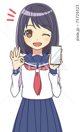 スマホの画面を見せるセーラー服の女の子 Okのイラスト素材