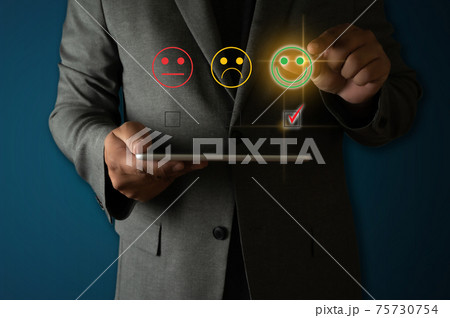 evaluation Service rating Businessman Service rating emoticon on virtual touch screen rate star evaluation Service rating Businessman Service rating emoticon on virtual touch screen rate star 75730754