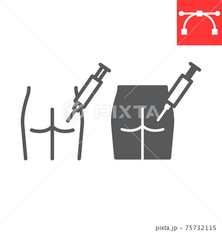 Intramuscular injection line and glyph icon, vaccination and syringe, buttock injection vector icon, vector graphics, editable stroke outline sign, eps 10. 75732115