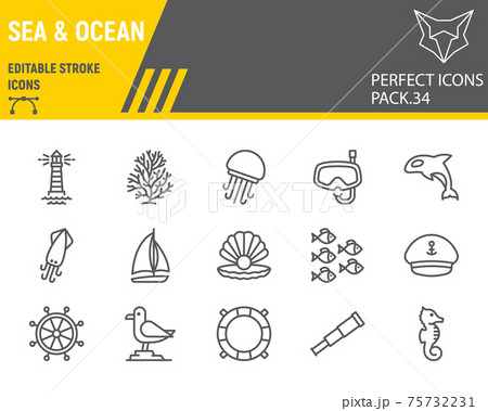 Sea and Ocean line icon set, ocean animals collection, vector graphics, logo illustrations, Sea vector icons, marine signs, outline pictograms, editable stroke. 75732231