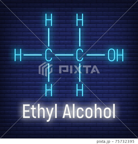 Ethyl spirit alcohol glow neon style concept chemical formula icon label, text font vector illustration, isolated on wall background. Periodic element table. Ethyl spirit alcohol glow neon style concept chemical formula icon label, text font vector illustration, isolated on wall background. Periodic element table. 75732395