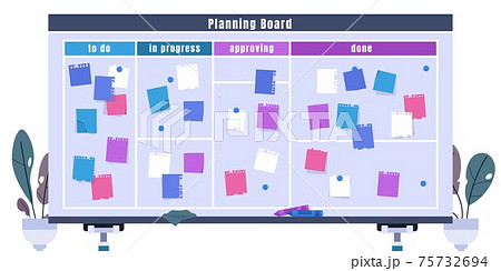 Kanban board. Schedule planner with pinned stickers. Front view of whiteboard divided into sections to track tasks progress. Scheduling and time management. Vector goal visualization Kanban board. Schedule planner with pinned stickers. Front view of whiteboard divided into sections to track tasks progress. Scheduling and time management. Vector goal visualization 75732694
