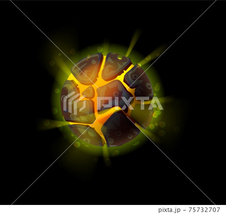 Fantasy asteroid. Cartoon planet with fiery surface. Fictional glowing magmatic galactic object, light beams beating from within. Epicenter of explosion. Vector universe exploration 75732707