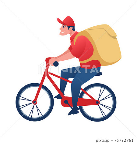 Food delivery worker on bicycle. Cartoon man carrying order to client. Young character with backpack rides bike. Courier wears red uniform with cap. Vector restaurant shipping service 75732761