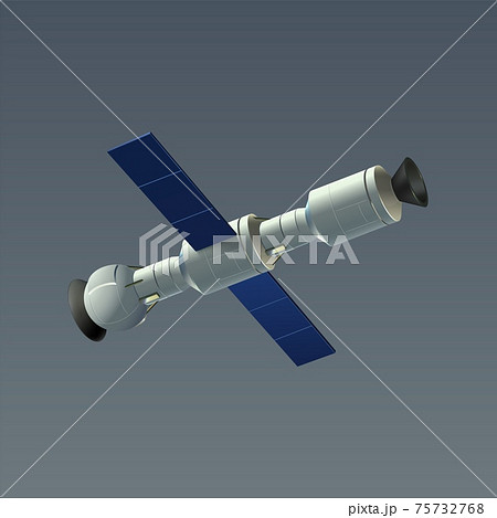 Space automatic satellite. Realistic 3D international orbital station drifting in cosmos. Connected modules and solar panels. Vector orbiter for cosmic exploration flying around Earth 75732768