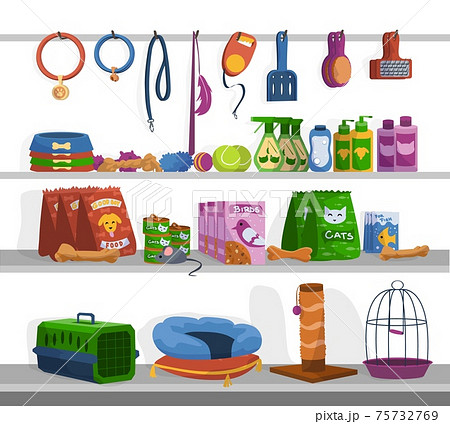 Pet shop. Cartoon toys, foods and goods for cats and dogs. Assortment of store shelves. Tray or scratching post, bird cage and chewing bones. Vector feed and leashes for walking animals 75732769
