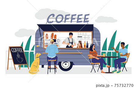 Coffee shop. Cartoon street cafe in van trailer, small family business. City outdoor bar with signboard or billboard and tables for customers. Vector people drinking caffeine beverages 75732770