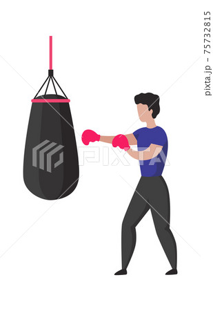 Man boxing. Sport training concept. Cartoon athletic fighter beating punching bag with gloves. Young sportsman practicing hits, character learning to fight. Vector kickboxing workout Man boxing. Sport training concept. Cartoon athletic fighter beating punching bag with gloves. Young sportsman practicing hits, character learning to fight. Vector kickboxing workout 75732815