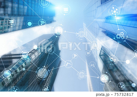 Smart City and Wireless Communication Network. Business District with office building. IOT modern technology concept. 75732817