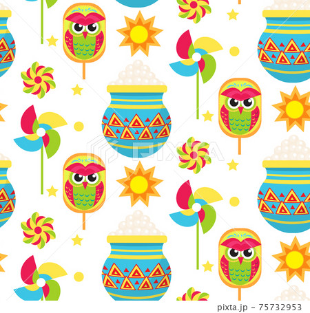 Pohela Boishakh kids seamless pattern. Bengali New Year endless background, texture with paper windmill. Vector illustration Pohela Boishakh kids seamless pattern. Bengali New Year endless background, texture with paper windmill. Vector illustration 75732953