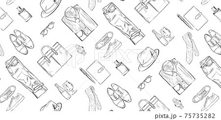 男性のカジュアルビジネスファッション。父の日ギフトのシームレスパターン。線画。スウォッチパターン登録 男性のカジュアルビジネスファッション。父の日ギフトのシームレスパターン。線画。スウォッチパターン登録 75735282