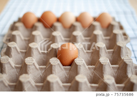 A few brown eggs among the empty cells of a large cardboard bag A few brown eggs among the empty cells of a large cardboard bag 75735686