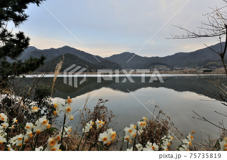 長門市青海島にある青海湖の朝の静まり返った美しい風景 75735819