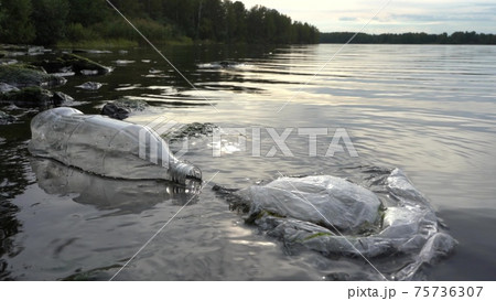 Plastic Bottle and Package floating near the shore of the Lake. Concept: Pollution of the Planet 75736307