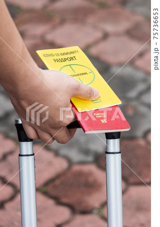 Traveller pulling luggage with conceptual Covid-19 Immunity Passport on hand 75736653