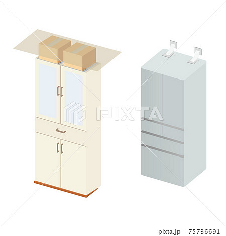 家具の転倒防止　段ボール箱・転倒防止ベルトの使用例のイラスト 75736691