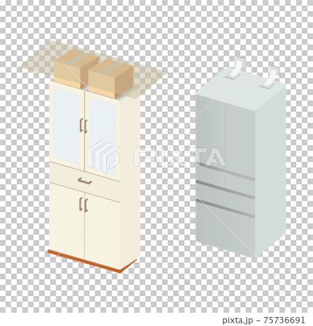 家具の転倒防止　段ボール箱・転倒防止ベルトの使用例のイラスト 75736691