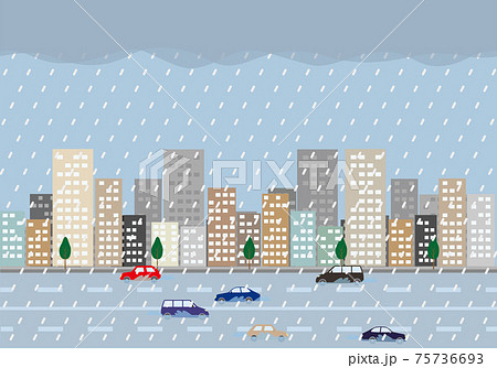 大雨で道路が冠水している街のイラスト 75736693