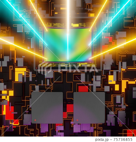 Sensor for digital camera with rays of light, 3D rendering macro on motherboard with two processors, top view 75736855