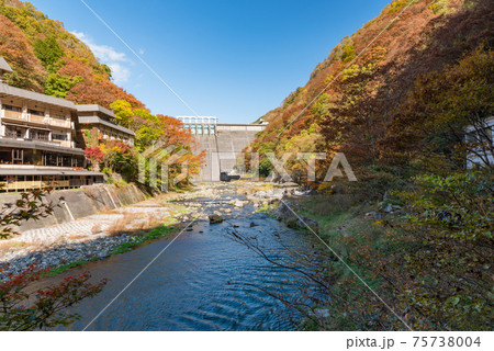 湯原温泉　湯原ダム　秋　岡山県　真庭市　美作三湯 75738004