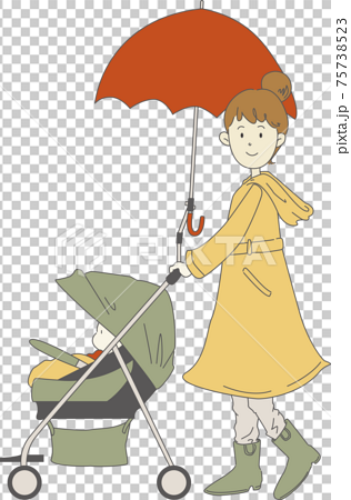 雨の日にベビーカーを押す女性のイラストのイラスト素材