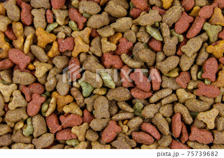 Dry food for cat or dog close-up. Pet food background Dry food for cat or dog close-up. Pet food background 75739682