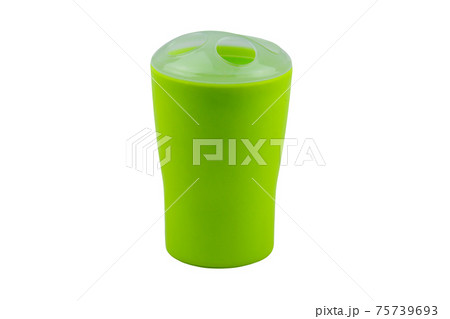 Green plastic beaker for toothbrushes isolated on white background 75739693