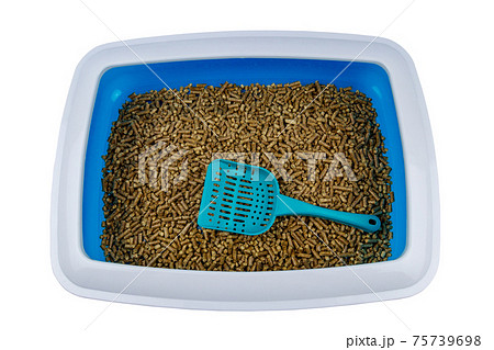 Cat's litter box with filler and scoop isolated on white background 75739698