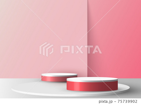 3D realistic empty red and white round pedestal mockup on soft pink backdrop 3D realistic empty red and white round pedestal mockup on soft pink backdrop 75739902