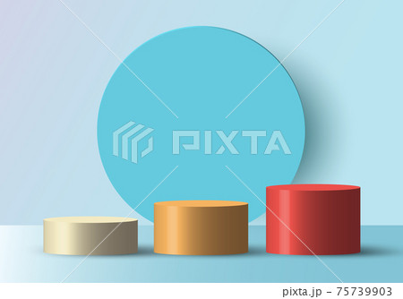 3D realistic empty white, yellow, red round step pedestal mockup with blue circle backdrop 75739903