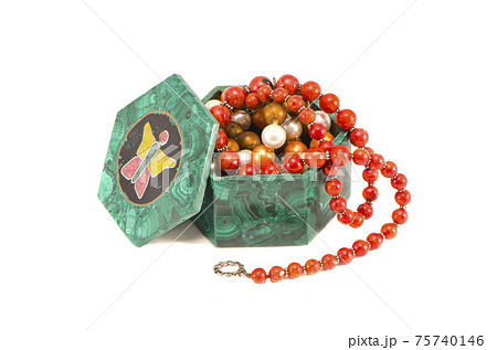 jewelery in vintage malachite box isolated on white jewelery in vintage malachite box isolated on white 75740146