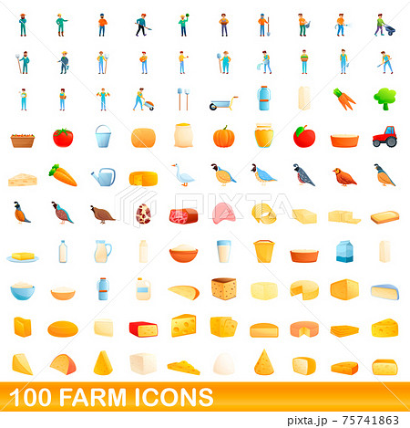 100 Farm Icons Set Cartoon Styleのイラスト素材