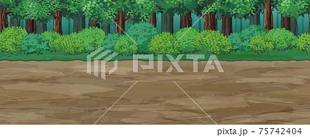 森の中にある土の道の風景イラスト 横スクロールゲームの背景 シームレスのイラスト素材