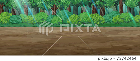幻想的な森の中にある土の道の風景イラスト 横スクロールゲームの背景 シームレスのイラスト素材