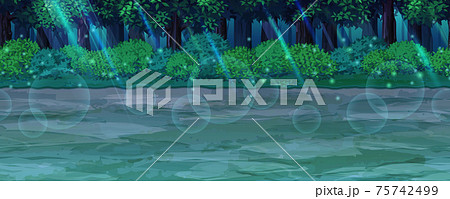 夜の幻想的な森の中にある土の道の風景イラスト 横スクロールゲームの背景 シームレスのイラスト素材