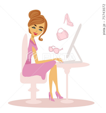 happy beautiful girl shopping online - isolated illustration happy beautiful girl shopping online - isolated illustration 75743072