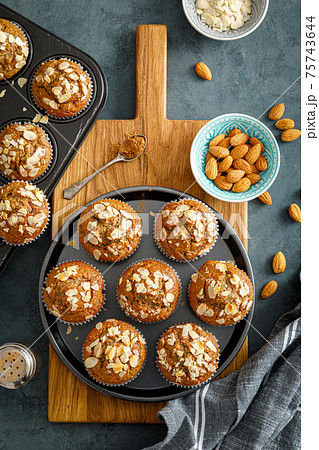 Healthy gluten free almond muffins with nut slices Healthy gluten free almond muffins with nut slices 75743644