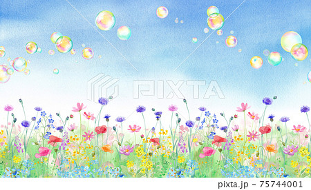 シャボン玉が飛び様々な花が咲き乱れる 春の野原の水彩イラスト バナー背景 のイラスト素材