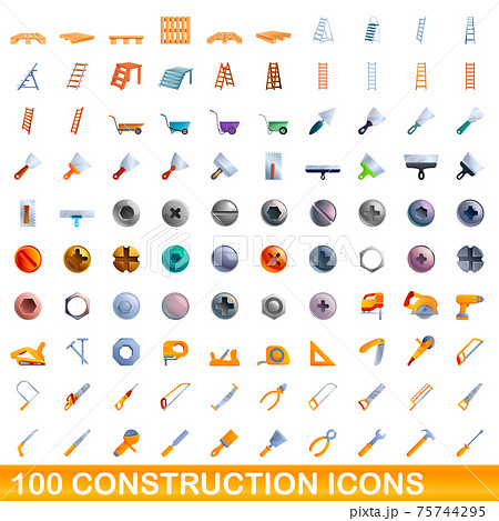 100 construction icons set, cartoon style 75744295