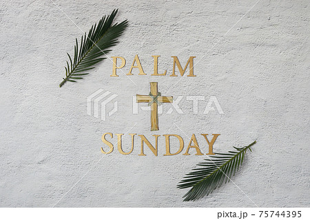 Palm sunday background. Cross and palm on grey background. Palm sunday background. Cross and palm on grey background. 75744395