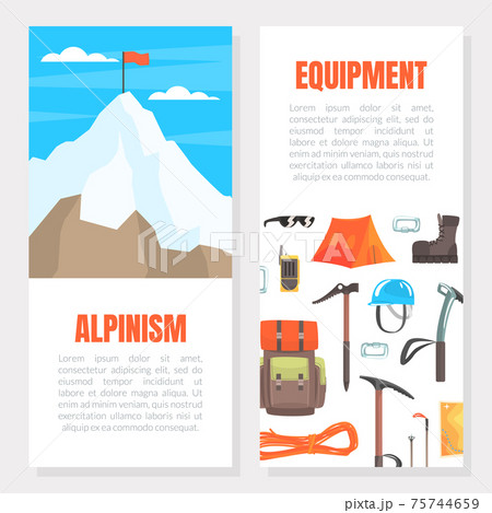 Alpinism Equipment Banner Template wuth Space for Text, Hiking Accessories and Garments Shop, Store Cartoon Vector Illustration 75744659
