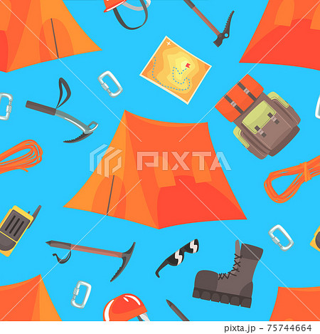 Alpinism and Mountaineering Seamless Pattern, Mountain Climbing and Adventure Endless Repeating Print Can be Used for Background, Wallpaper, Textile, Packaging Design Vector Illustration 75744664