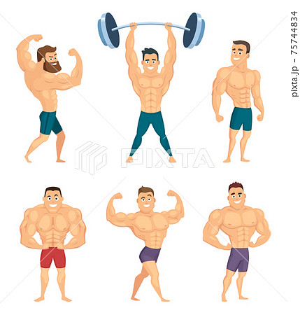 Cartoon characters of strong and muscular bodybuilders posing in different poses Cartoon characters of strong and muscular bodybuilders posing in different poses 75744834
