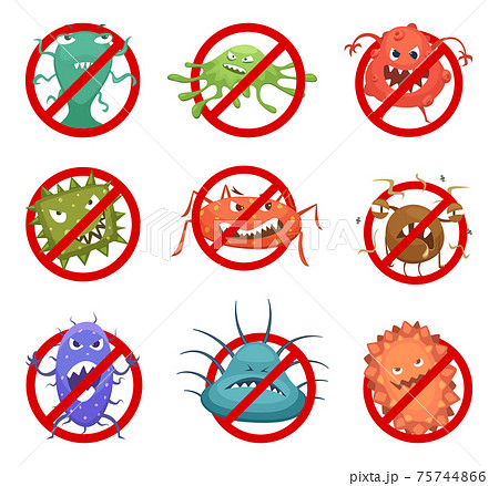 Red round signs with different bacteria and germs. cartoon illustrations 75744866