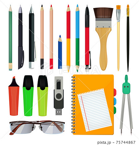 Office stationery or school equipment. illustrations of brush and paper, folder and pencils 75744867