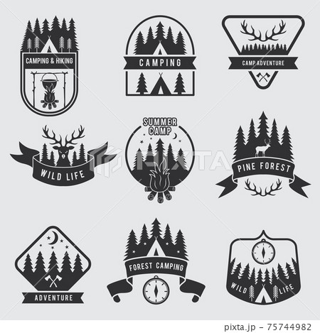 Outdoor camping labels set. Explorer monochrome badges. Adventure illustration. Black silhouette of forest, deer and tent Outdoor camping labels set. Explorer monochrome badges. Adventure illustration. Black silhouette of forest, deer and tent 75744982